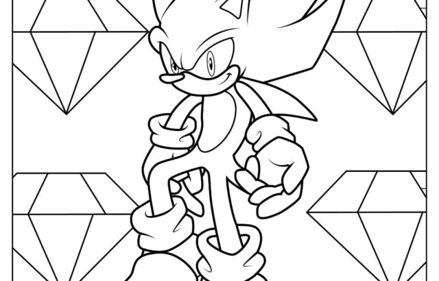Black-and-white Sonic the Hedgehog coloring page with gems