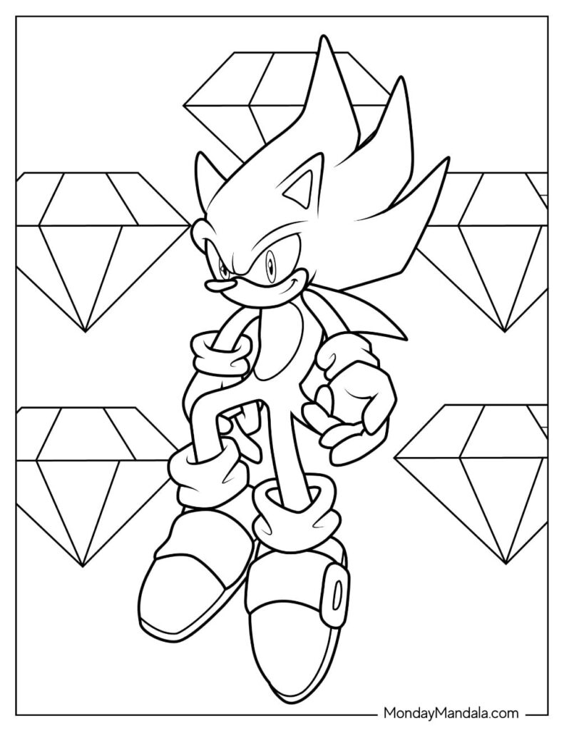 Black-and-white Sonic the Hedgehog coloring page with gems