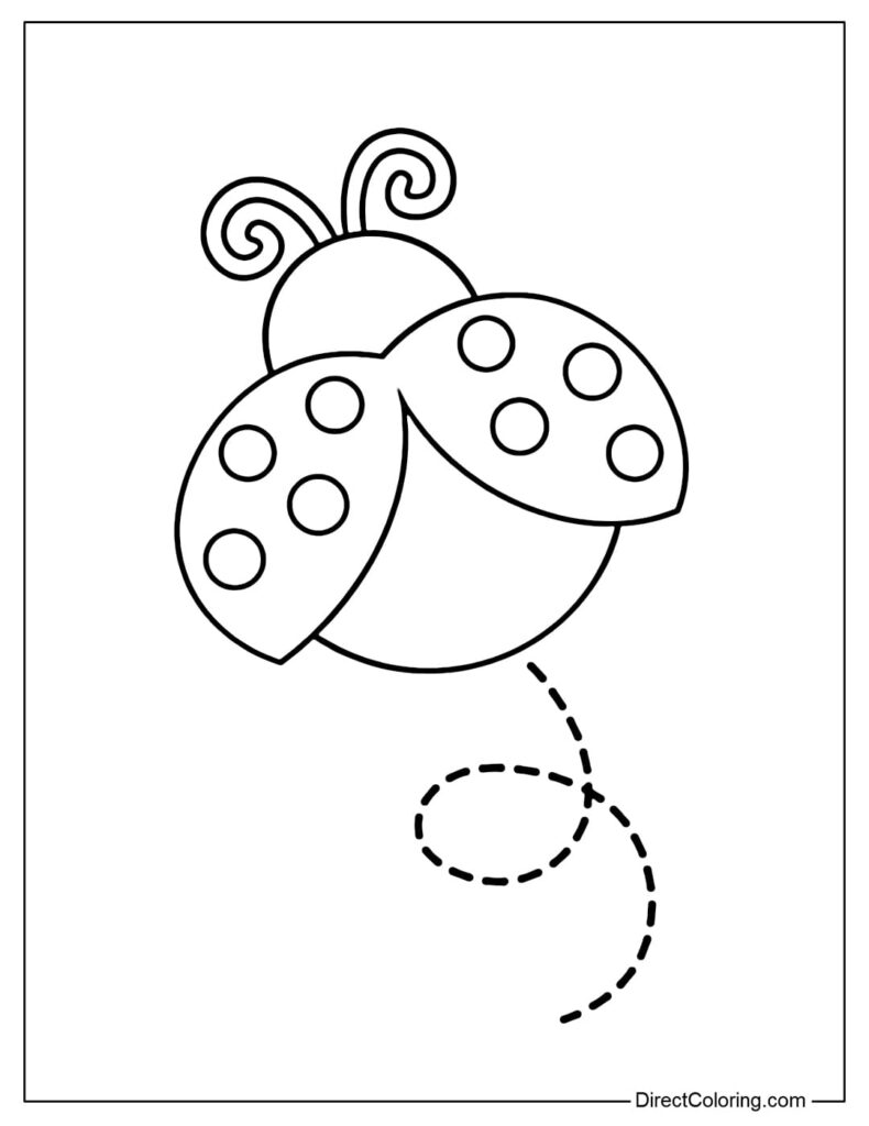 Outlined ladybug coloring page with dotted trail