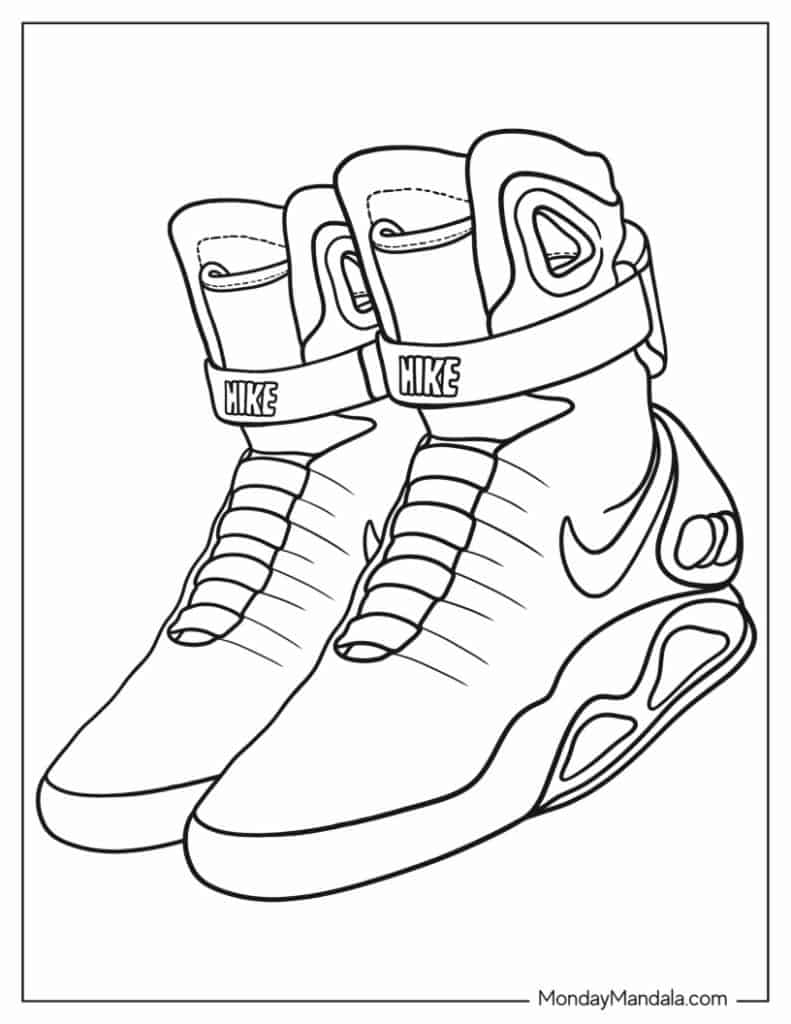 Black-and-white drawing of two Nike sneakers
