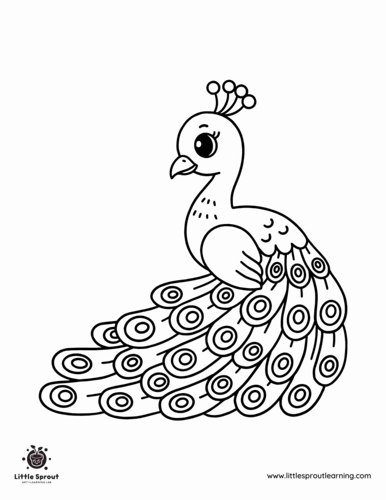 Black-and-white cartoon peacock with large tail feathers