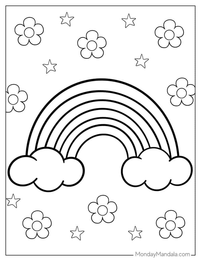 Black-and-white rainbow with clouds, flowers, and stars outline