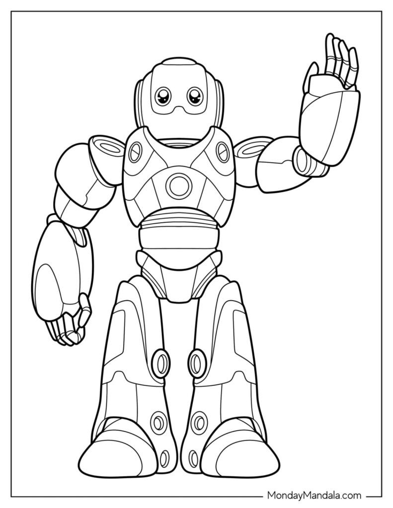 Black-and-white cartoon robot waving, coloring page illustration