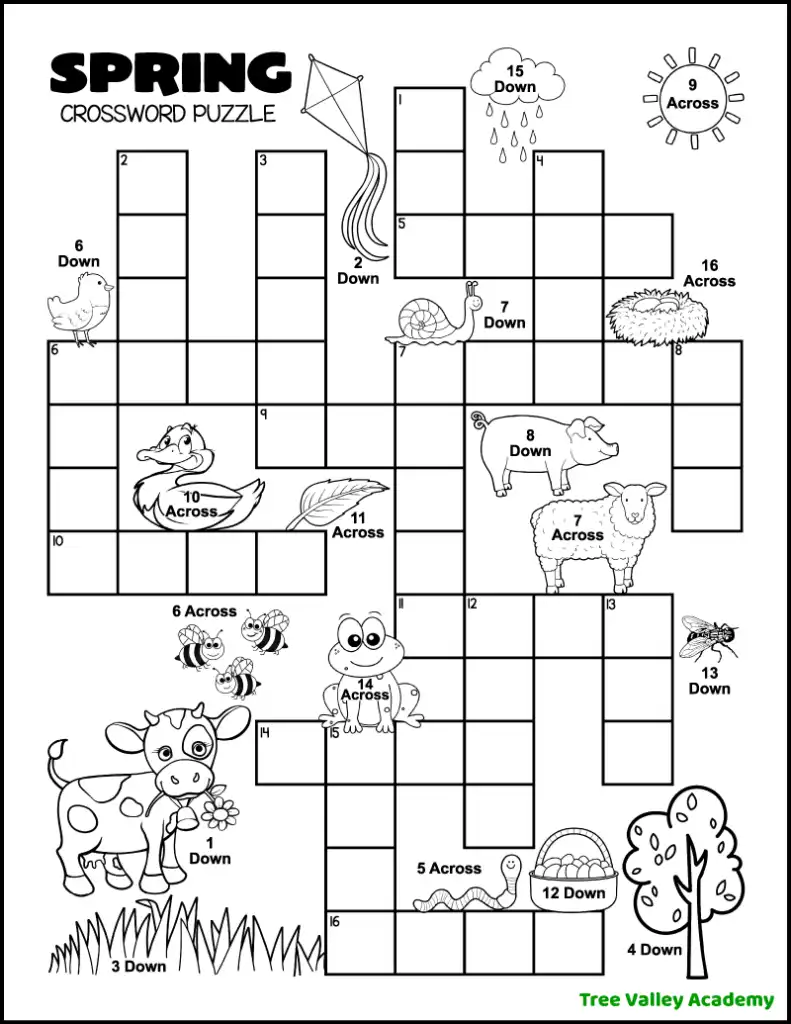 Spring crossword puzzle worksheet with animal drawings and blank grid