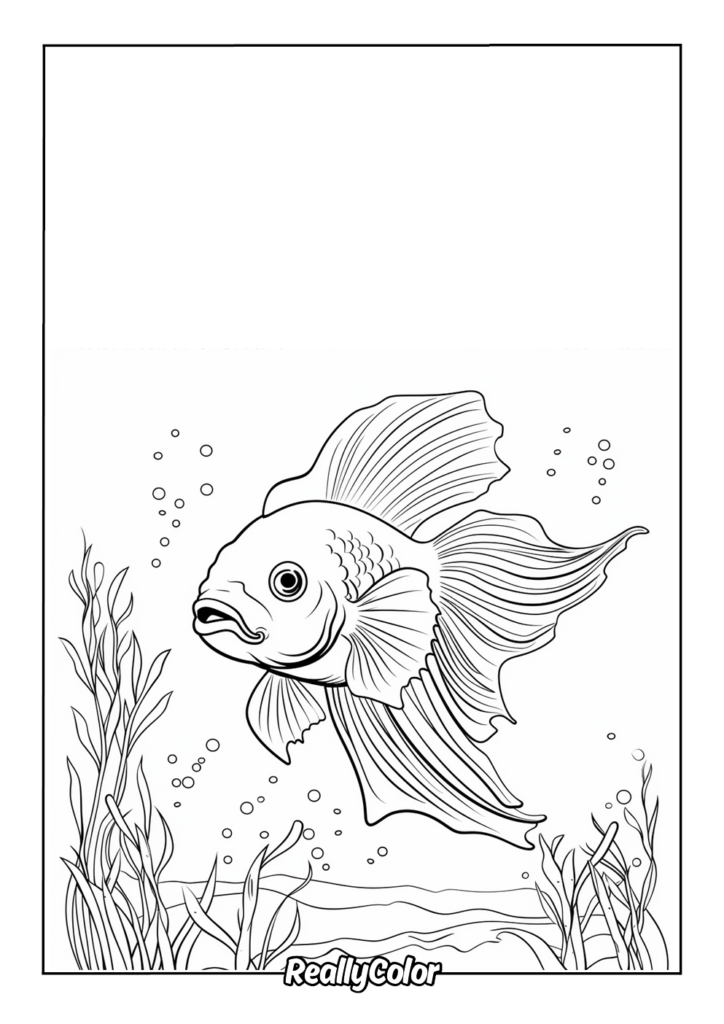 Black-and-white fish coloring page with bubbles and seaweed