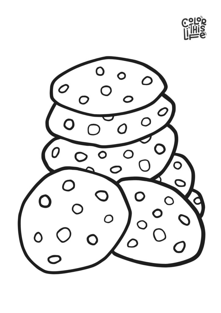 Stack of outlined chocolate chip cookies on white background
