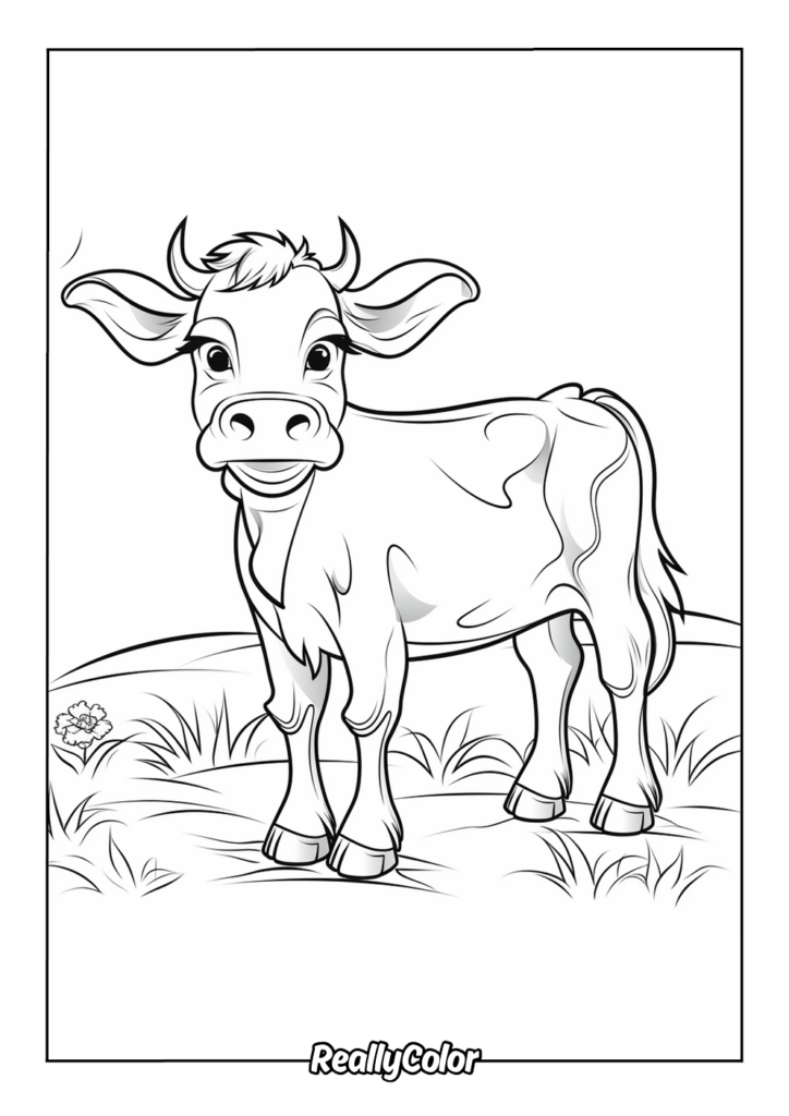 Cartoon cow standing in grassy field line art