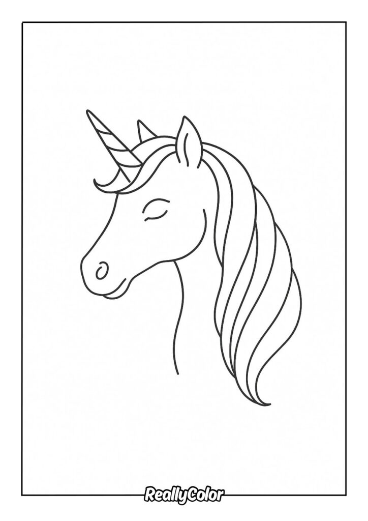 Line drawing of unicorn head with flowing mane