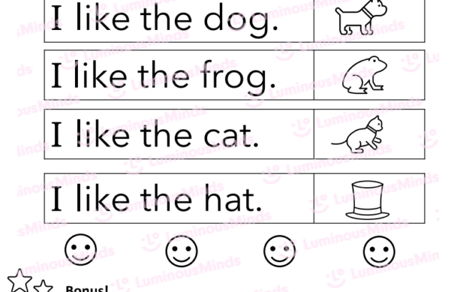 Sight word worksheet with animal and hat pictures