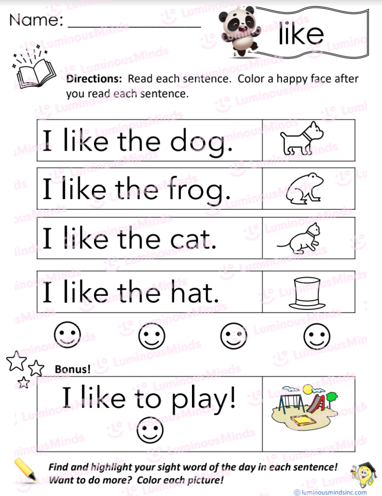 Sight word worksheet with animal and hat pictures