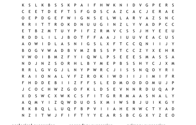 Ecological succession word search worksheet with word list