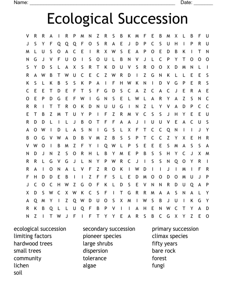 Ecological succession word search worksheet with word list