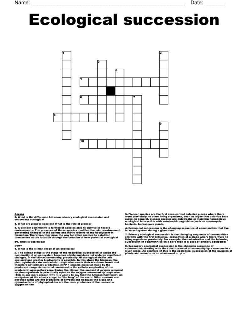Ecological succession crossword puzzle worksheet on white page