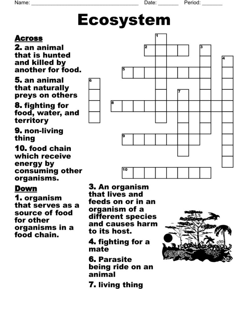 Ecosystem crossword puzzle worksheet with animal silhouette