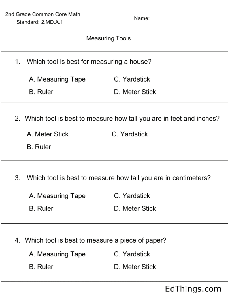 Second grade math worksheet about measuring tools and units