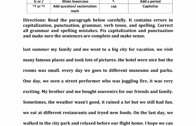 English editing practice worksheet with paragraph and symbol table