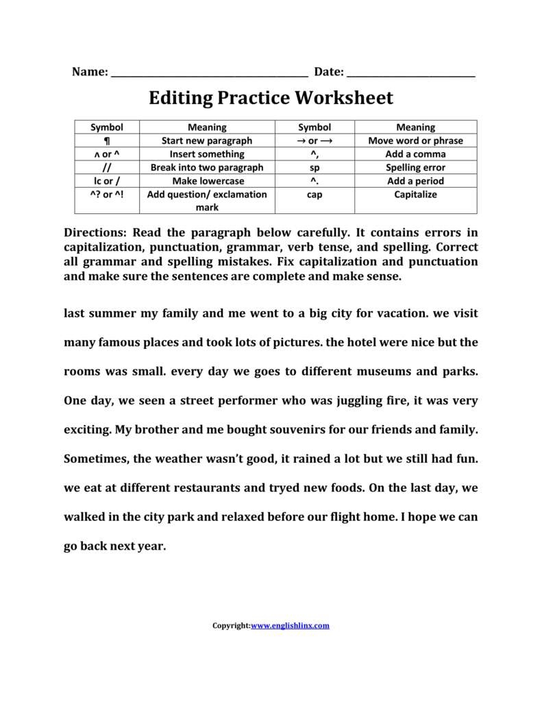 English editing practice worksheet with paragraph and symbol table