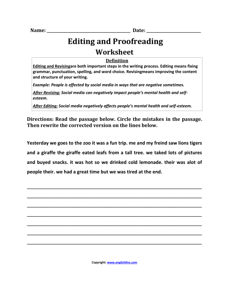 Editing and proofreading worksheet with passage and blank lines