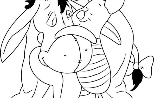 Line drawing of Eeyore and Piglet hugging closely