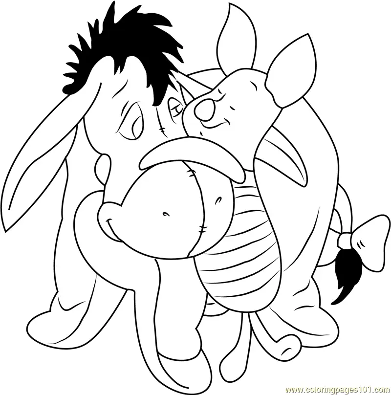 Line drawing of Eeyore and Piglet hugging closely