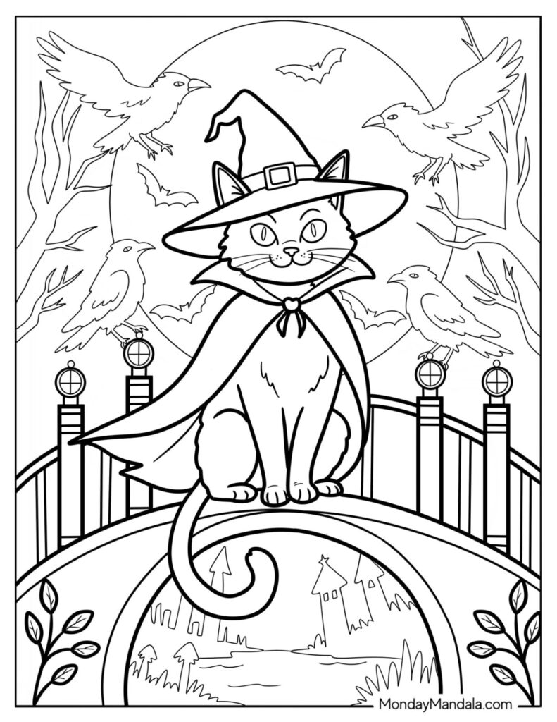 Halloween cat in witch hat on bridge with birds and bats