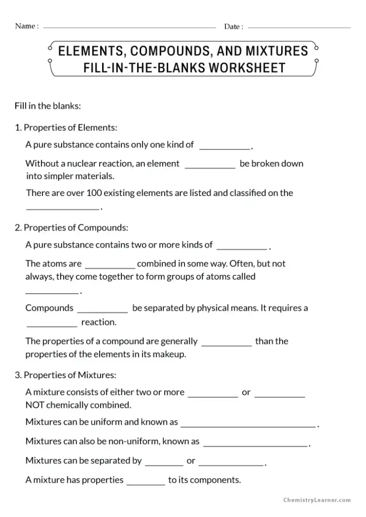 Chemistry fill-in-the-blanks worksheet on elements, compounds, mixtures