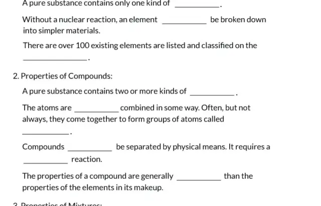 Chemistry fill-in-the-blanks worksheet page