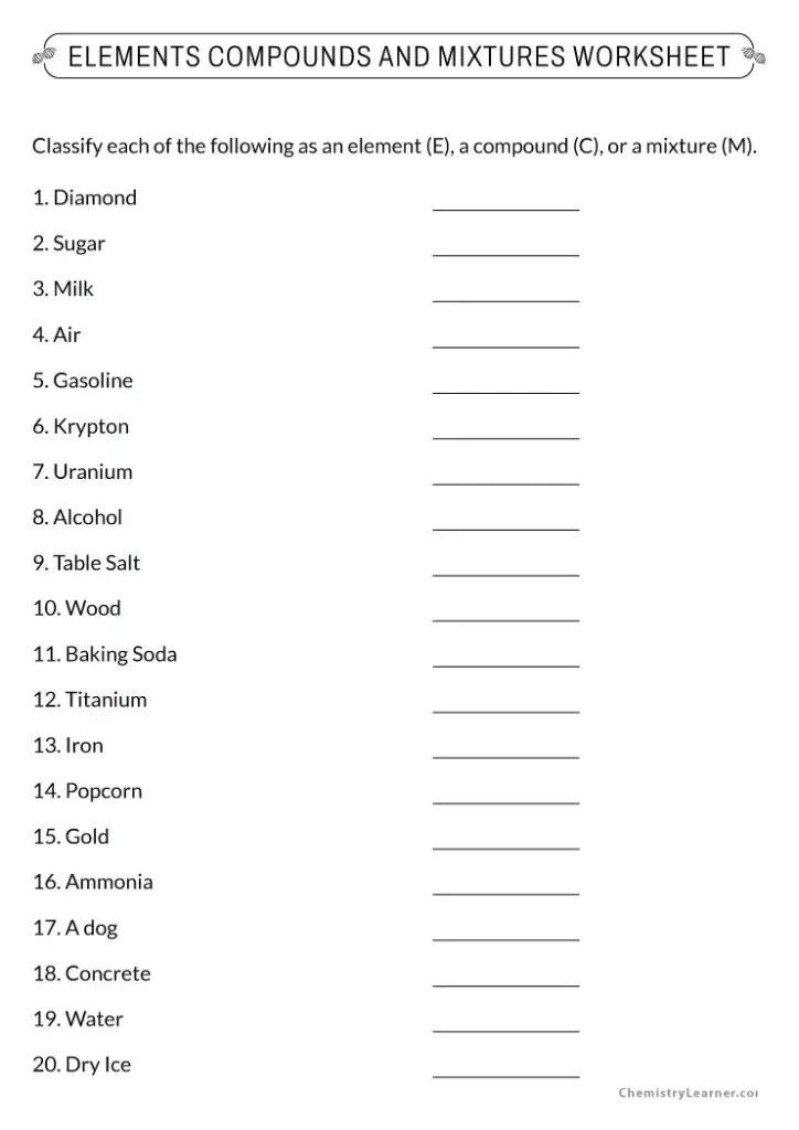 Chemistry worksheet listing elements, compounds, and mixtures