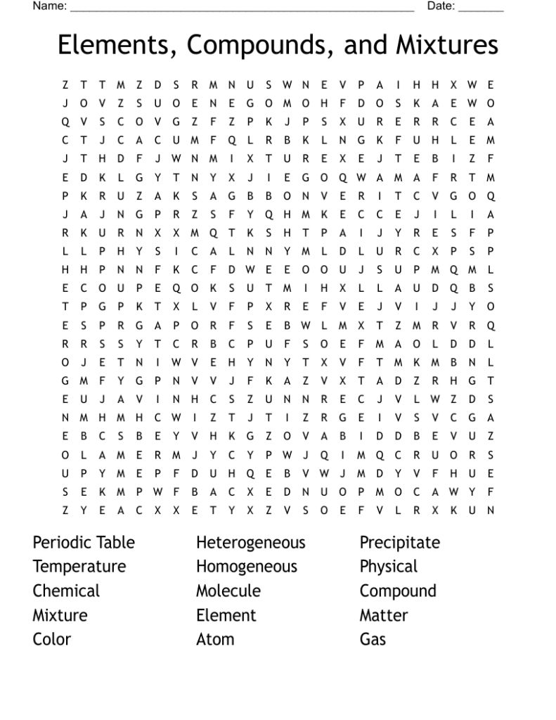 Elements, Compounds, and Mixtures word search worksheet