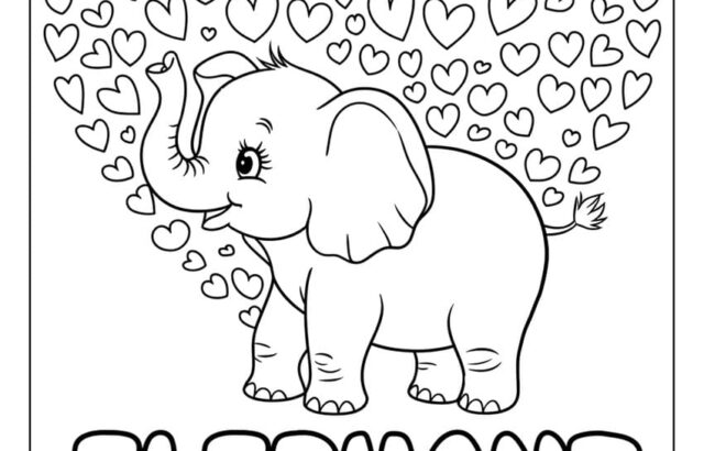 Cartoon elephant surrounded by heart shapes, with word ELEPHANT