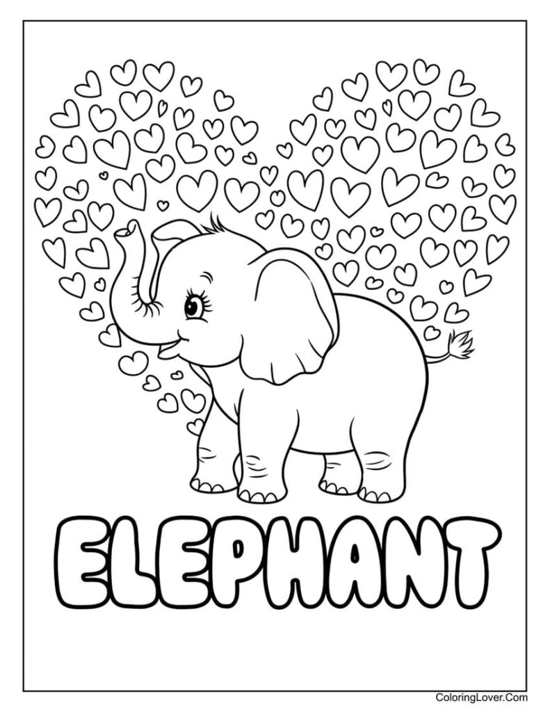 Cartoon elephant surrounded by heart shapes, with word ELEPHANT
