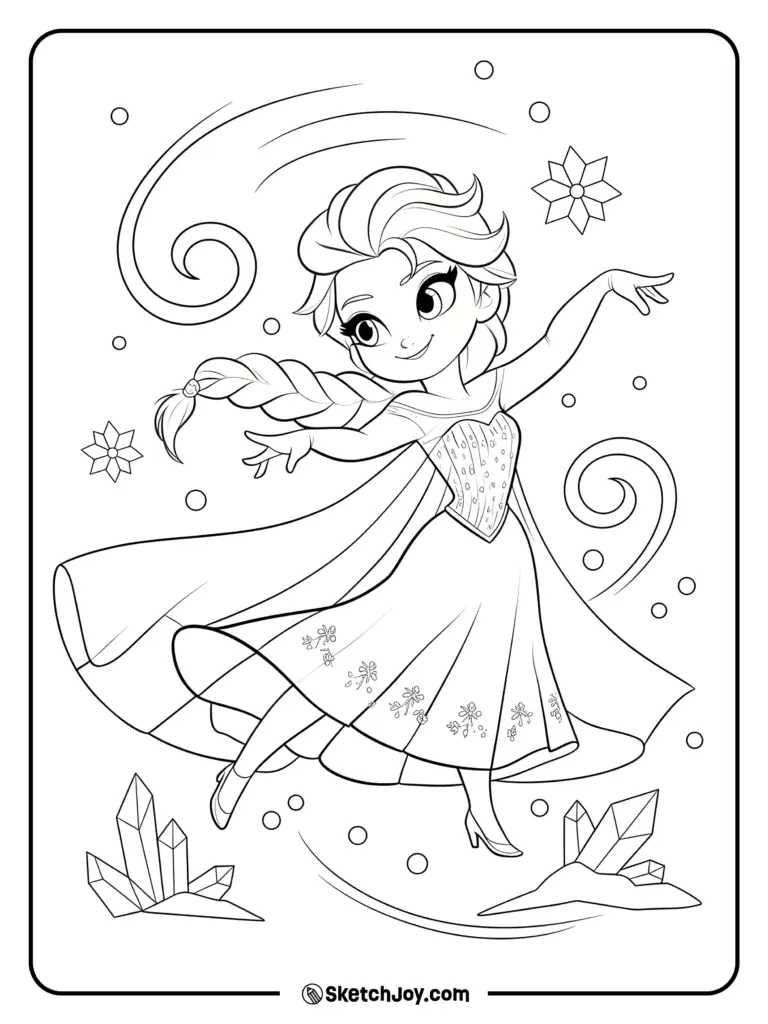 Black-and-white coloring page of a dancing princess with snowflakes