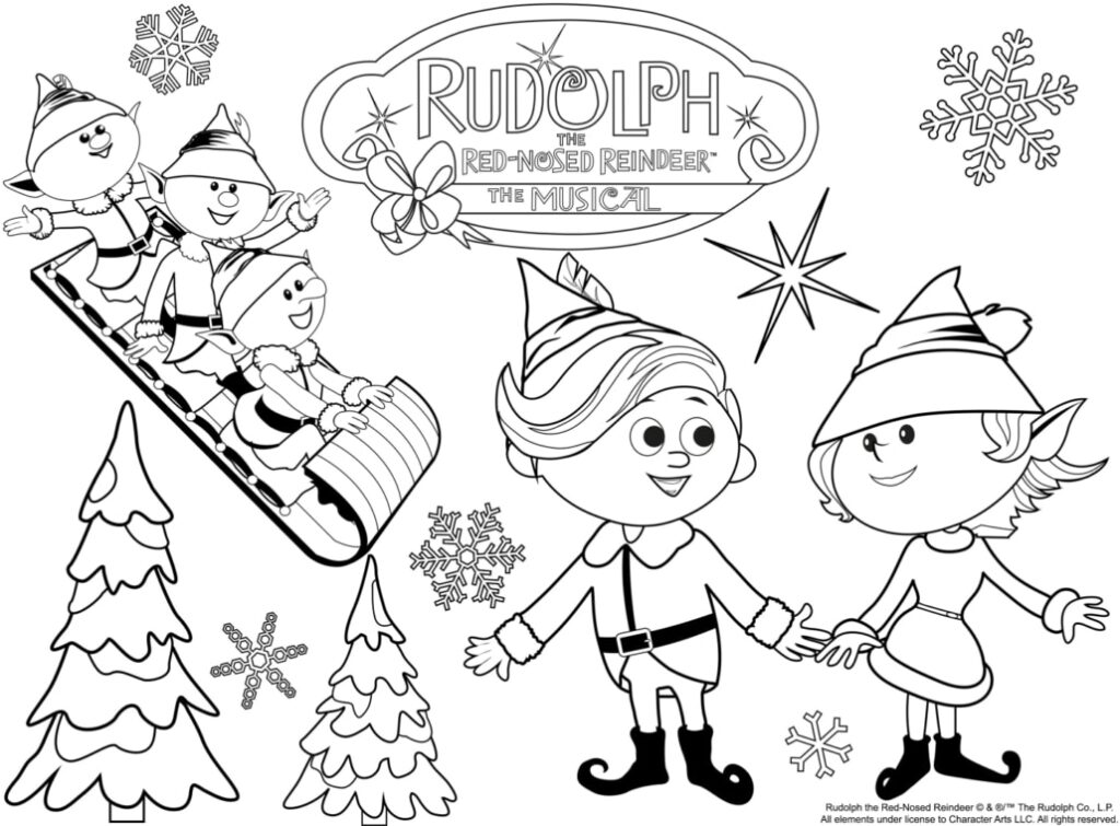 Rudolph the Red-Nosed Reindeer coloring page with elves and snowflakes