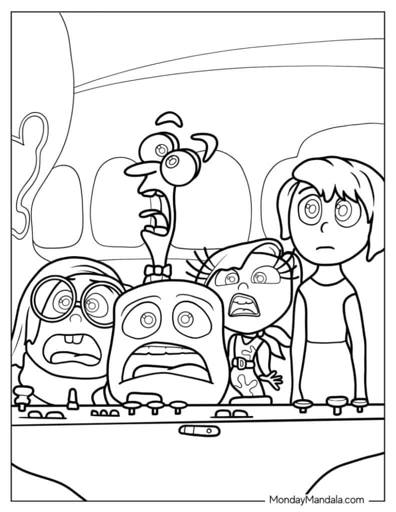 Black-and-white cartoon characters looking shocked inside an airplane cabin