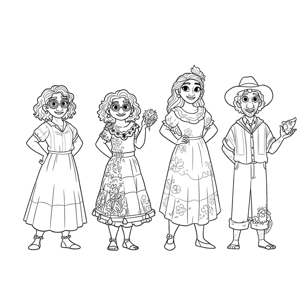 Black-and-white coloring page of four cartoon people standing
