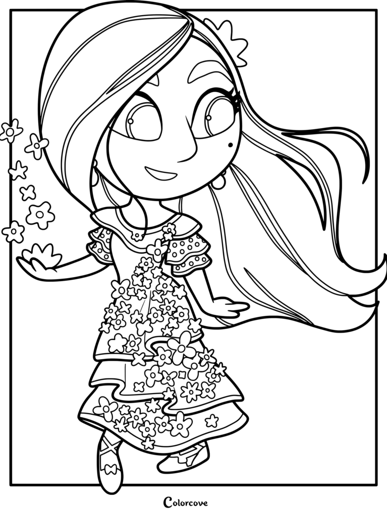 Cartoon girl with long hair and flower dress coloring page