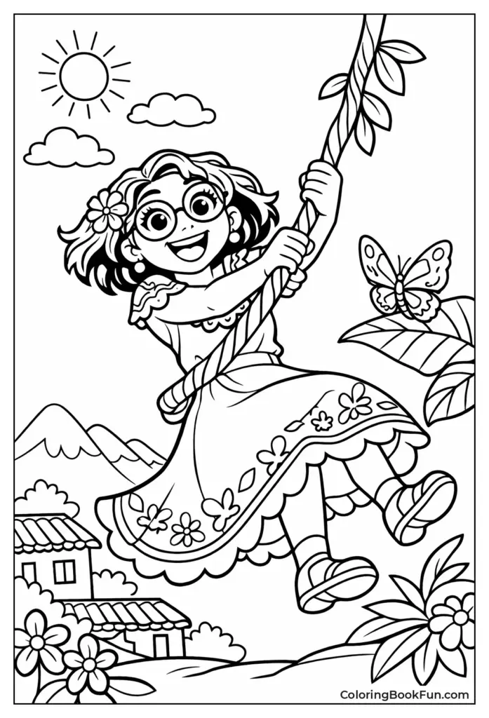 Cartoon girl swinging on a vine, butterfly nearby