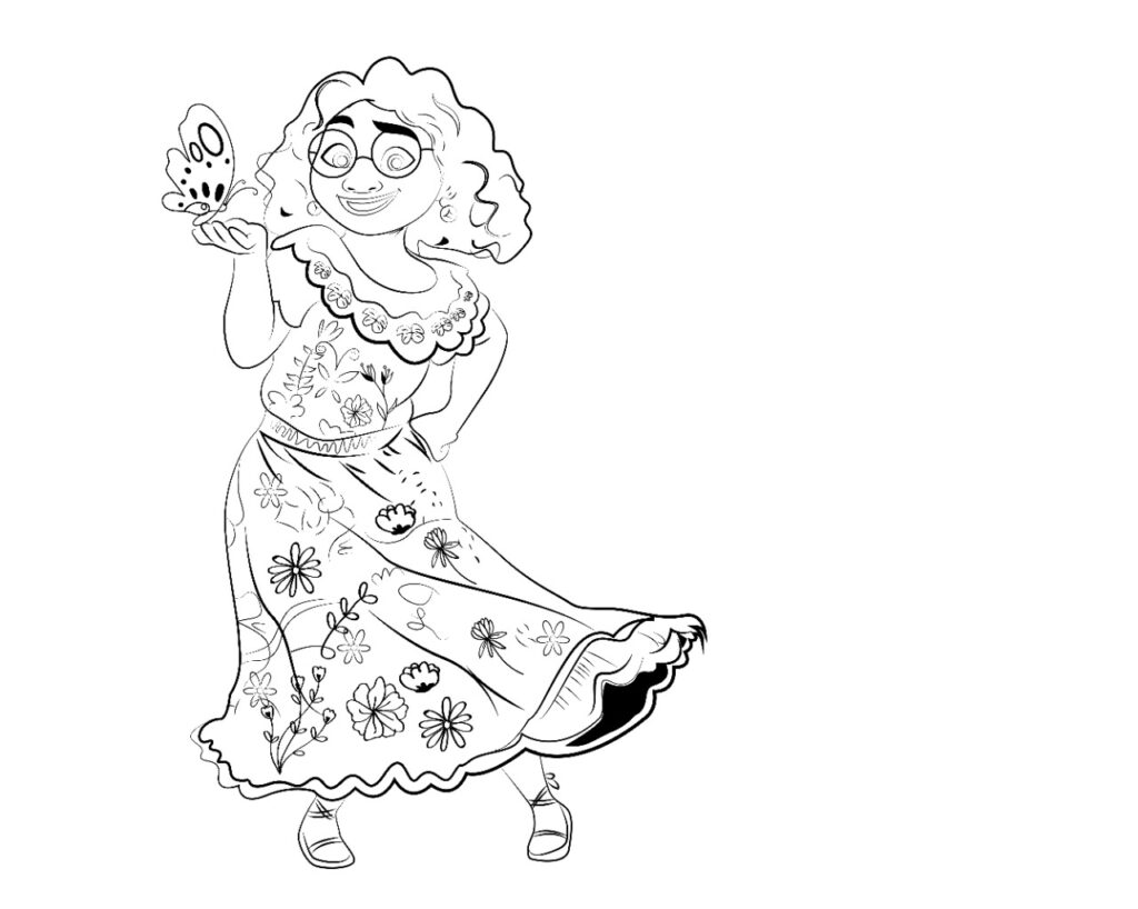 Line drawing of smiling girl holding butterfly, floral dress