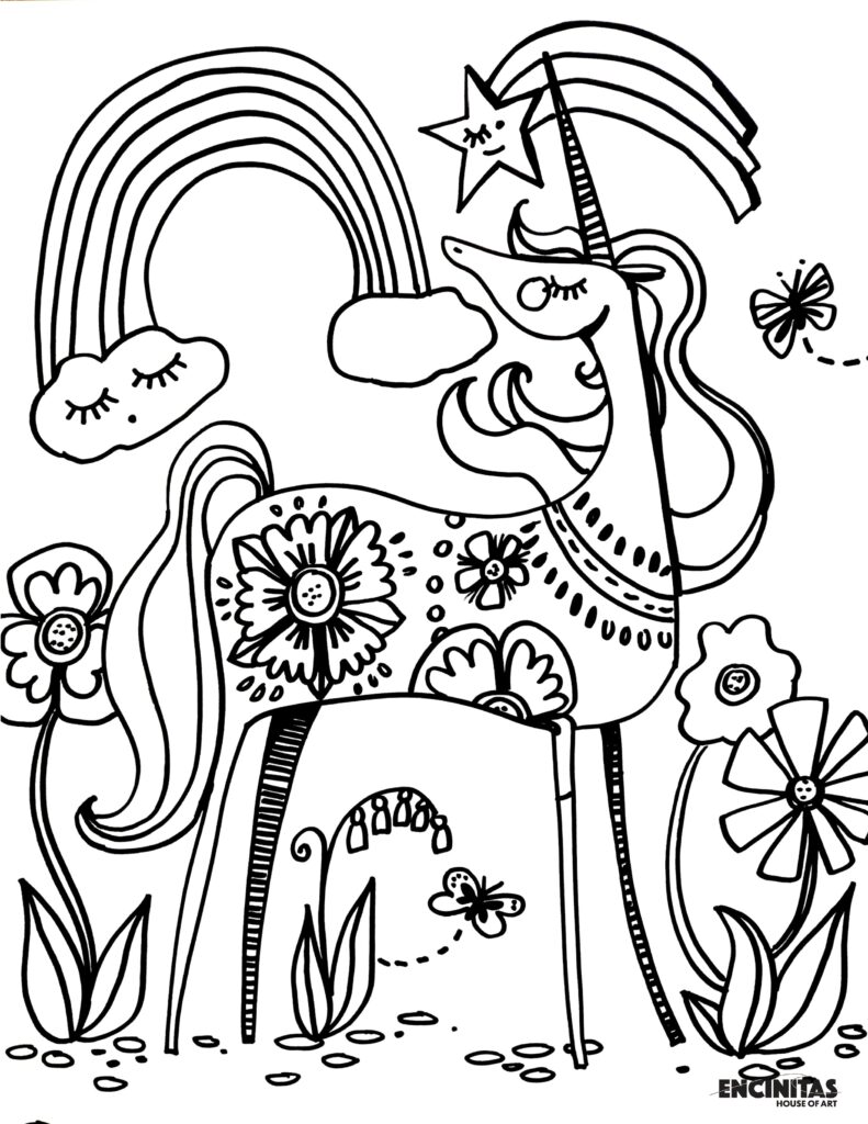 Black-and-white unicorn coloring page with flowers and rainbows