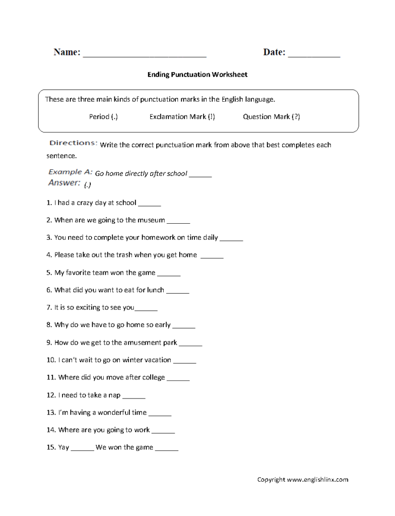 Ending punctuation worksheet with numbered sentences and blanks