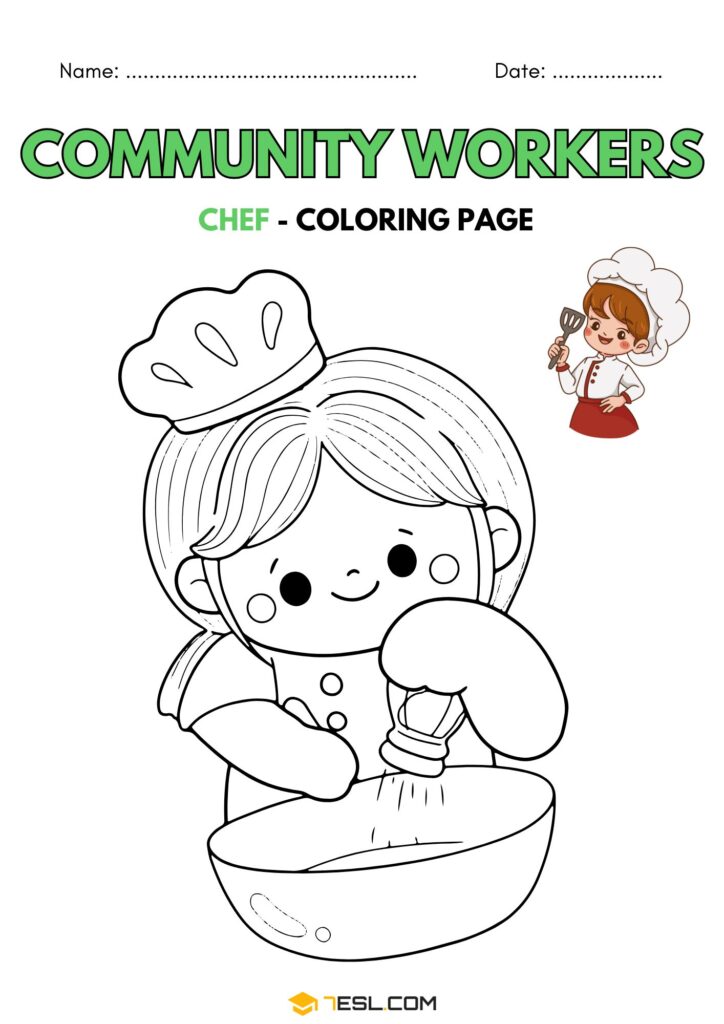 Chef coloring page with child mixing batter in bowl
