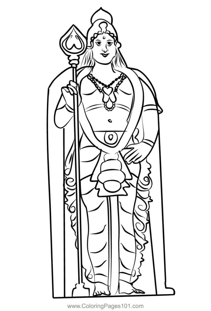 Black-and-white line drawing of a standing Hindu deity with staff