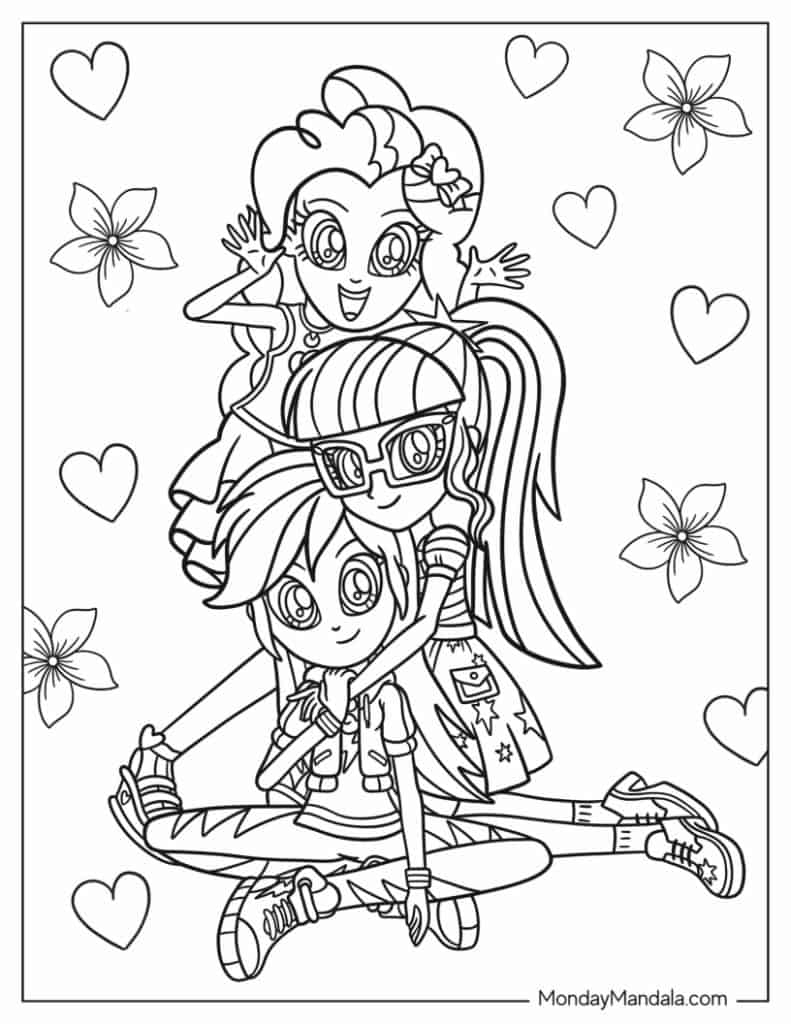 Three cartoon girls stacked with hearts and flowers