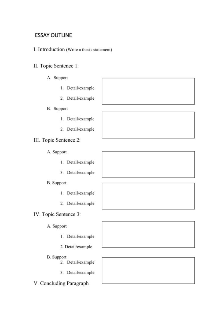 Essay outline worksheet with numbered sections and blank boxes