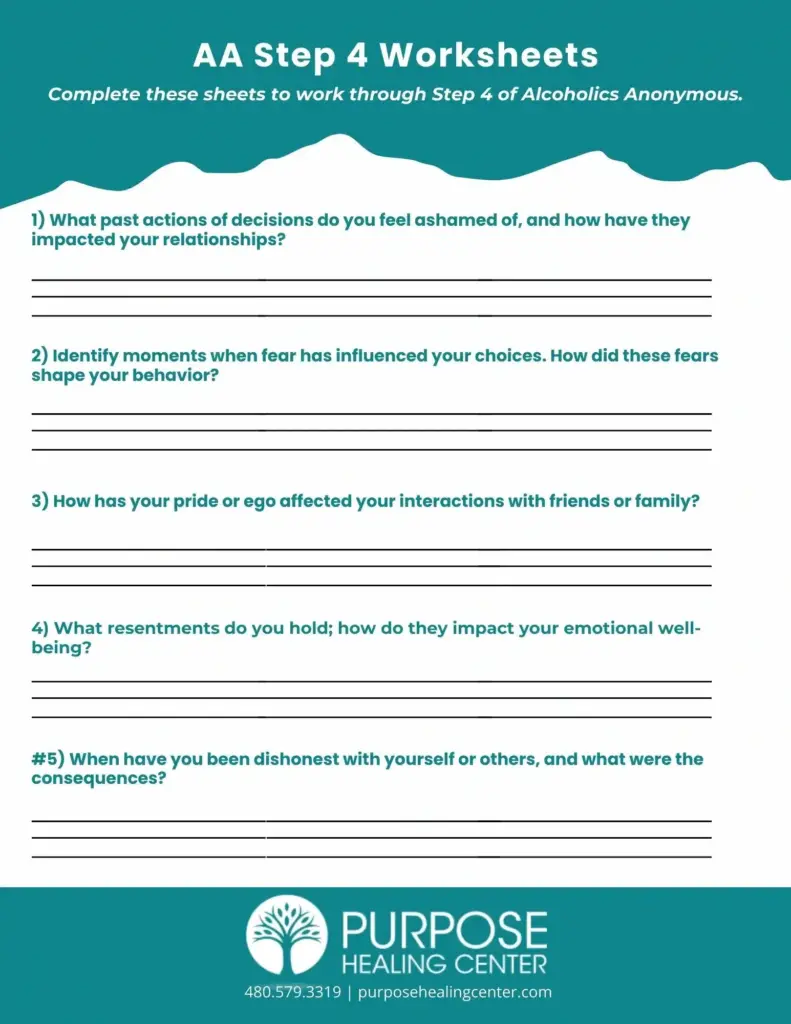 AA Step 4 worksheets with five prompts and lines