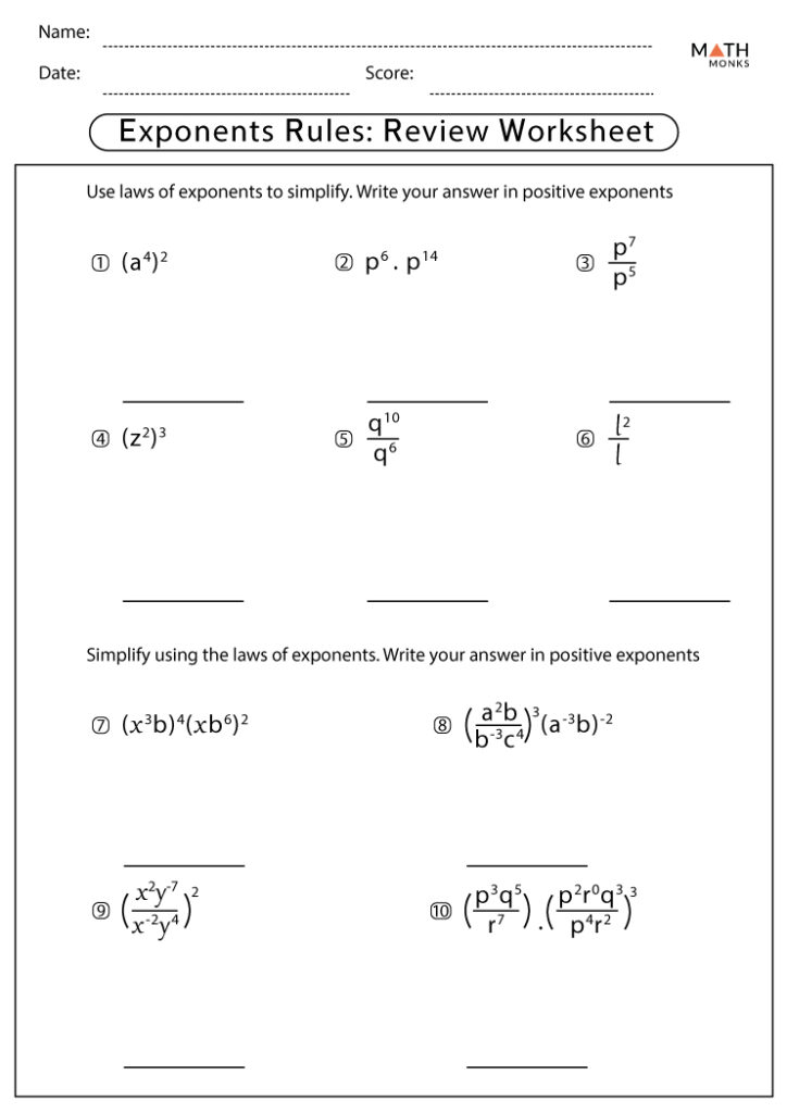 Math worksheet titled Exponents Rules: Review Worksheet