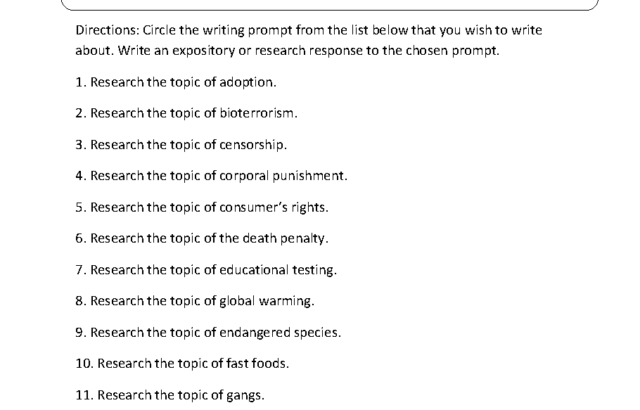 Expository writing prompt list and worksheet page
