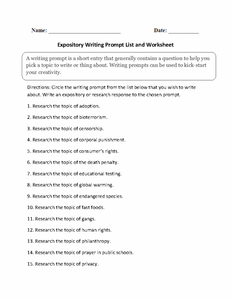 Expository writing worksheet with numbered research topics