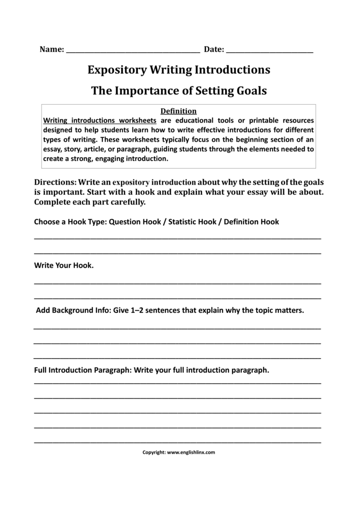 Expository writing worksheet about setting goals with blank lines