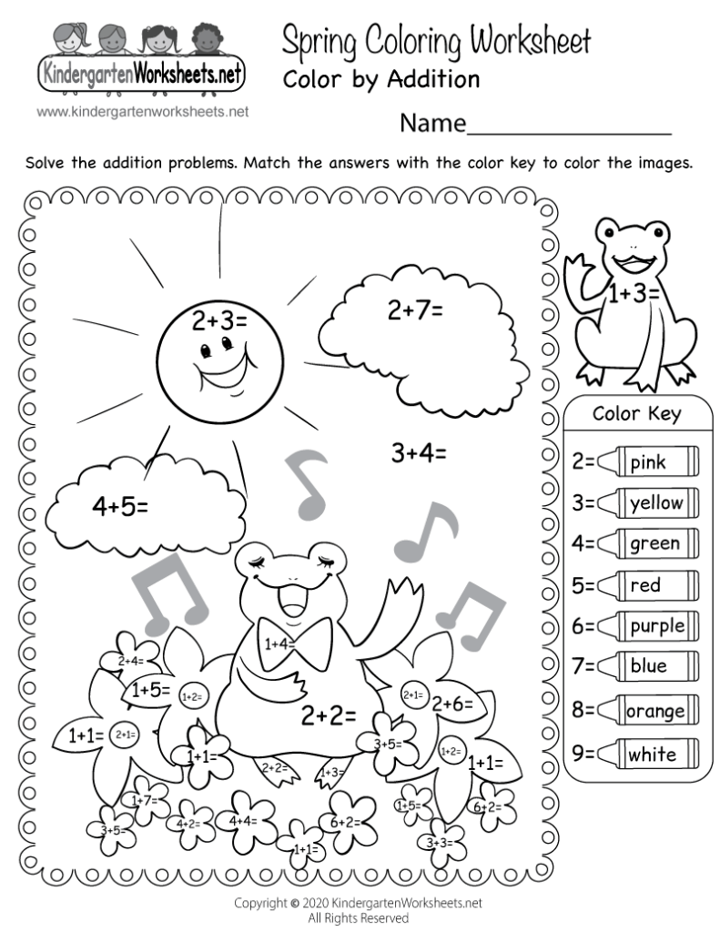 Spring coloring worksheet with addition problems and frogs